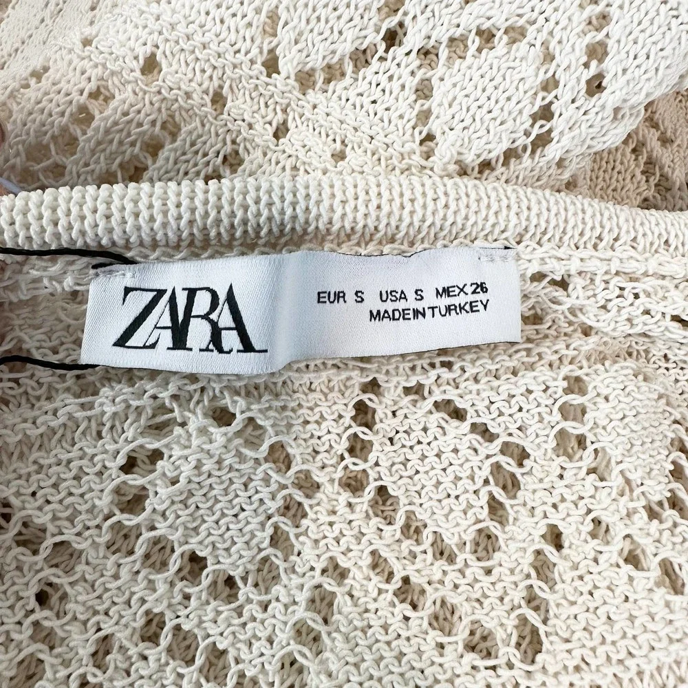 ZARA Crochet Maxi Dress Sheer Open Knit Long Sleeve Beach Cover Up Dress, Cream - Picture 12 of 14